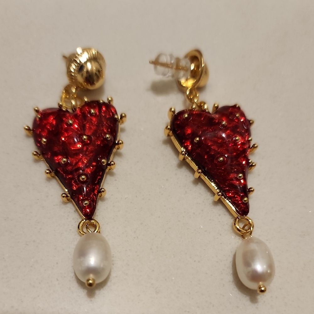 Gold and Red Heart Drop Earrings